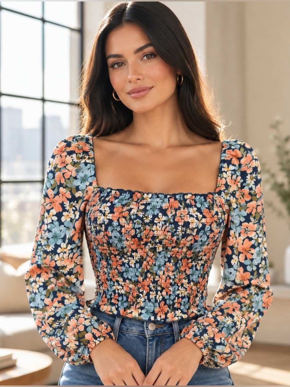 O'Neill Lenka Floral Smocked Square Neck Long Sleeve Crop Top XS NWT